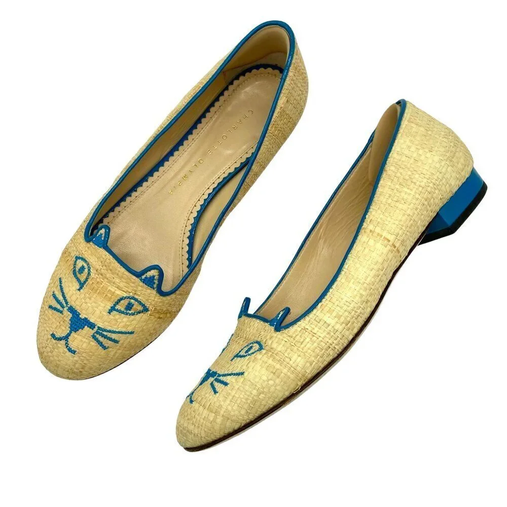 Charlotte Olympia Beige and Blue Raffia Kitty Flats Loafers RARE EU 37 US 6.5-7 - Picture 1 of 12